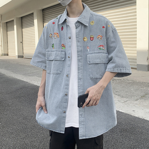 港风夏款男短袖牛仔宽松衬衫涂鸦印花中袖百搭衬衣CS981 P55图片