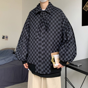 港风春工装夹克韩版棋盘格翻领拉链十字架装饰休闲外套J图片