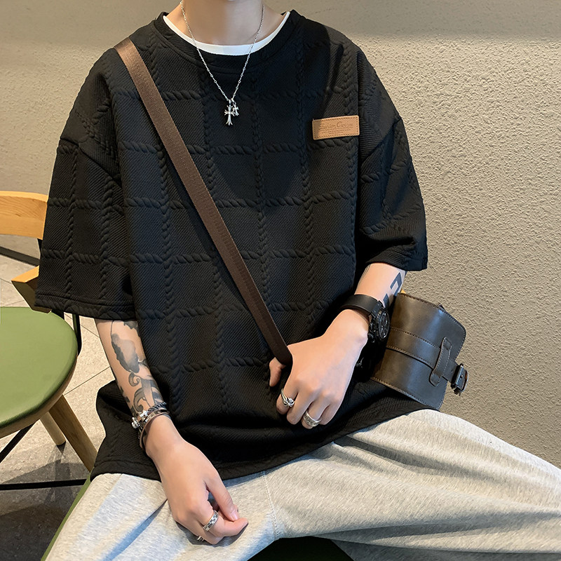 高品质夏款男短袖T恤圆领条纹提花免烫包边T恤衫T3032P25,男装T恤,星座1013-1