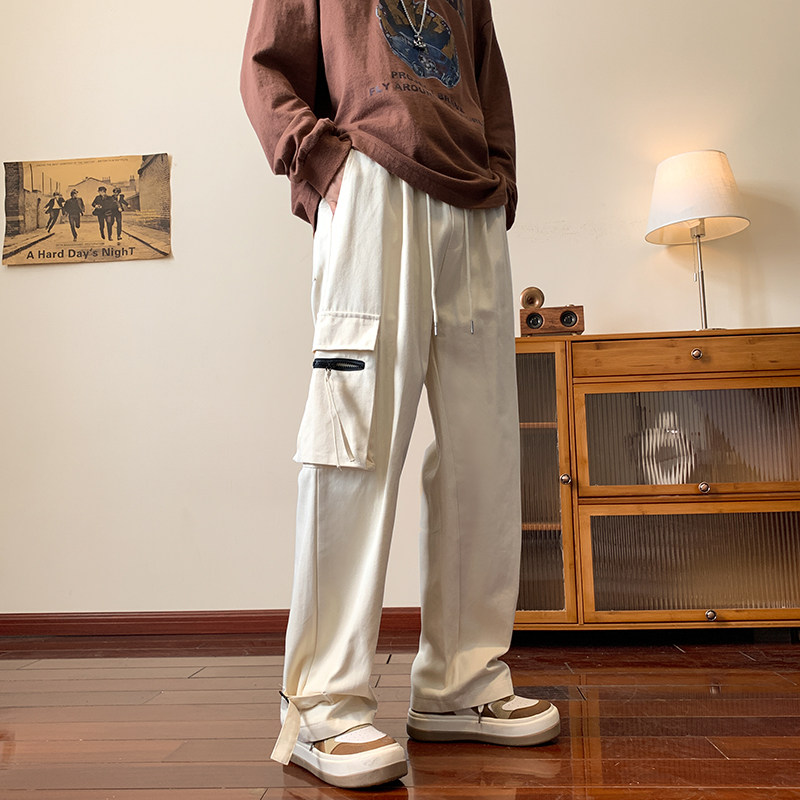 港风秋款男裤工装大口袋织带拉链直筒长裤h760,男装休闲裤,星座1013-1