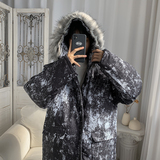 港风冬季棉衣连帽毛领外套宽松棉袄工装棉服泼墨面包服M8807，男装棉衣，星座1013-1