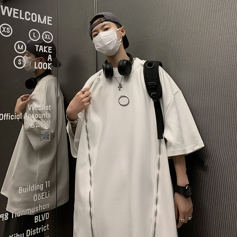 港风夏男短袖纯棉T恤双拉链印花宽松版中长款五分袖T恤衫T020P35,男装T恤,星座1013-1