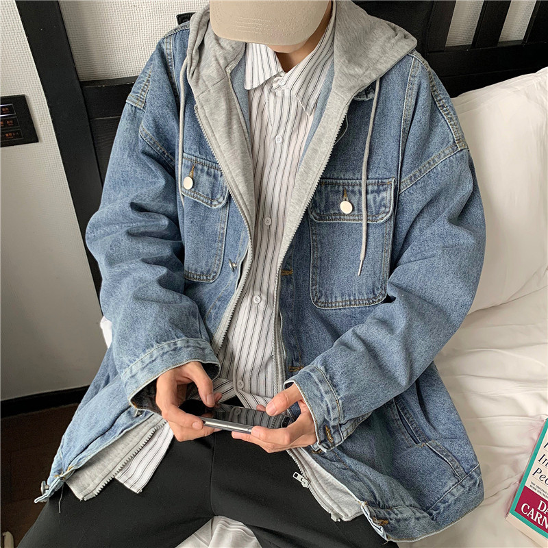 冬款男牛仔夹克衫假两件连帽工装大口袋牛仔加厚外套JK3309P80,男装夹克,星座1013-1