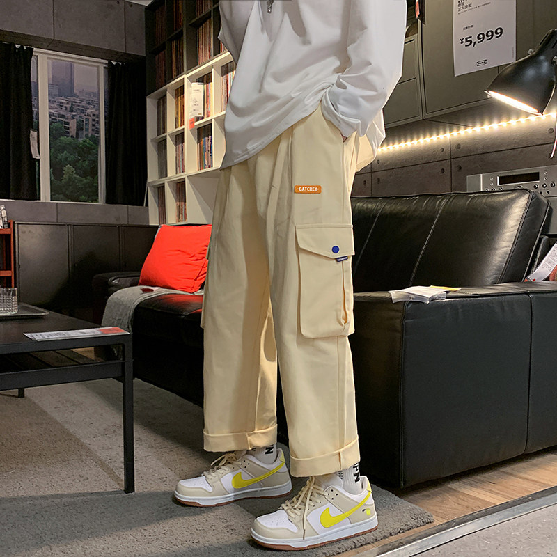 2022港风春款男休闲工装裤大口袋小贴标直筒九分裤h319图片