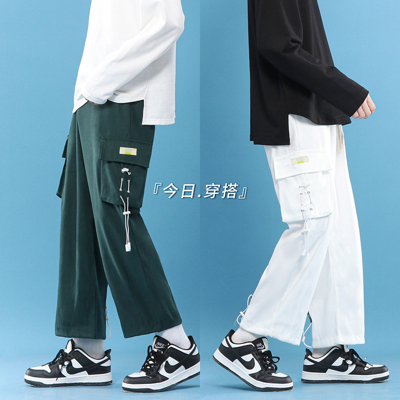 港风秋款男休闲裤工装裤大口袋抽绳潮宽松束脚九分裤h040图片