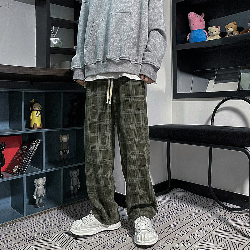 港风秋冬款男直筒宽松格子条纹休闲加厚直筒长裤h32图片