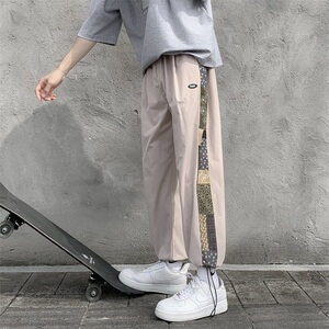 夏款男直筒宽松腰果印花拼接裤休闲九分裤h250图片
