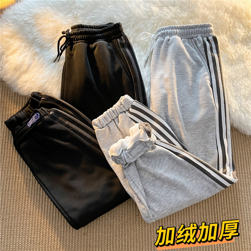 加绒加厚冬款男束脚卫裤三条杠条纹直筒魔术贴休闲裤h374图片