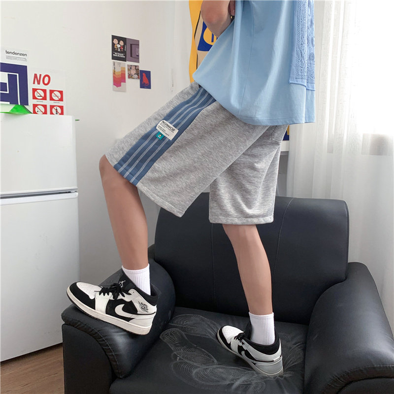 港风夏款男短条纹拼接休闲五分裤运动贴标宽松短裤D32P25,男装休闲裤,星座1013-1