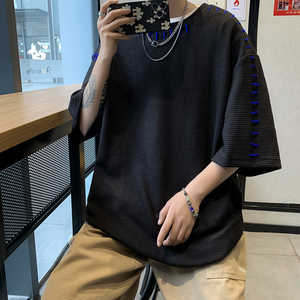 高品質(zhì)夏款男短袖T恤華夫格明線五分袖T恤衫T003 P30圖片