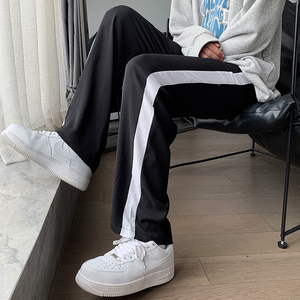 2021港风秋款男休闲裤条纹拼接宽松抽绳九分裤h103图片