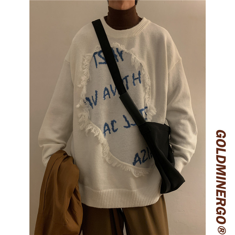 秋冬男针织衫圆领套头破洞补丁流苏字母印花休闲外套M9102P45,男装针织衫/毛衣,星座1013-1