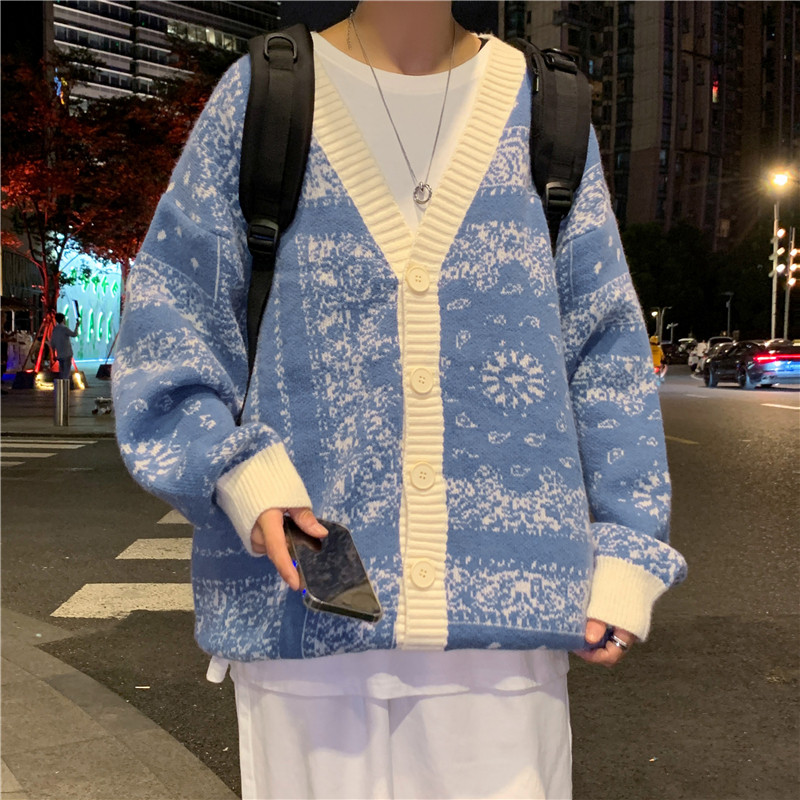 港风秋男针织开衫V领毛衣腰果印花单排扣外套M9016P50,男装针织衫/毛衣,星座1013-1