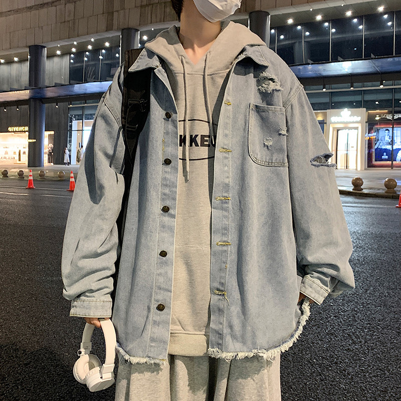 港风秋款中长款男牛仔夹克衫破洞流苏牛仔外套JK311 P65图片