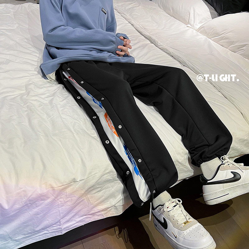 港风春款男休闲裤字母印花排扣拼接抽绳九分裤h131,男装休闲裤,星座1013-1