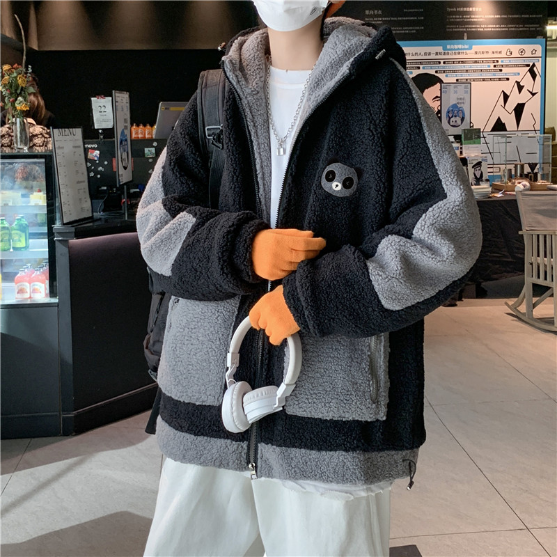 港风冬男羊羔毛棉衣连帽小熊印花拼接加绒棉袄休闲外套Y7031P70,男装棉衣,星座1013-1