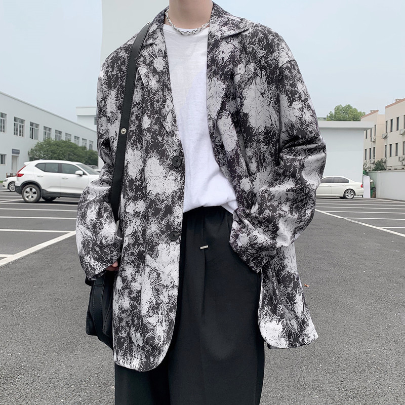 2021港风秋男花西装外套扎染单西二粒扣宽松外套西服JK8039  P60图片