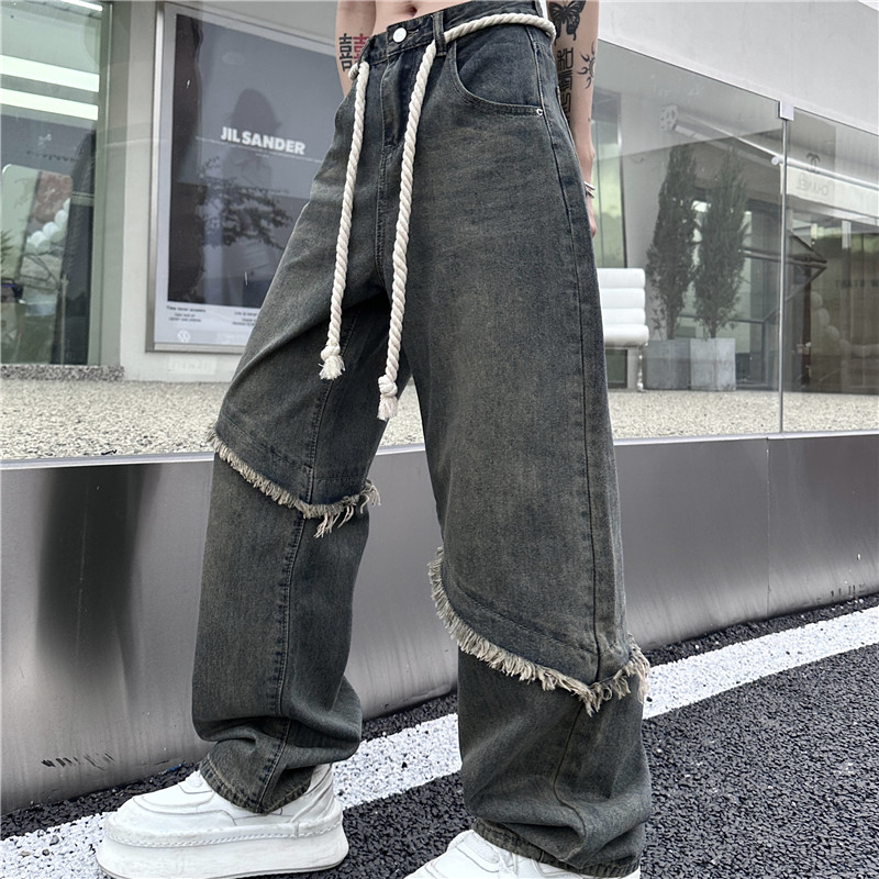 港风夏款男牛仔裤流苏拼接中性风男女直筒宽松休闲长裤nk76P45,男装牛仔裤,星座1013-1