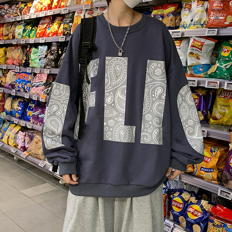 港风秋款男休闲卫衣圆领套头腰果字母印花拼接情侣款外套wy29图片