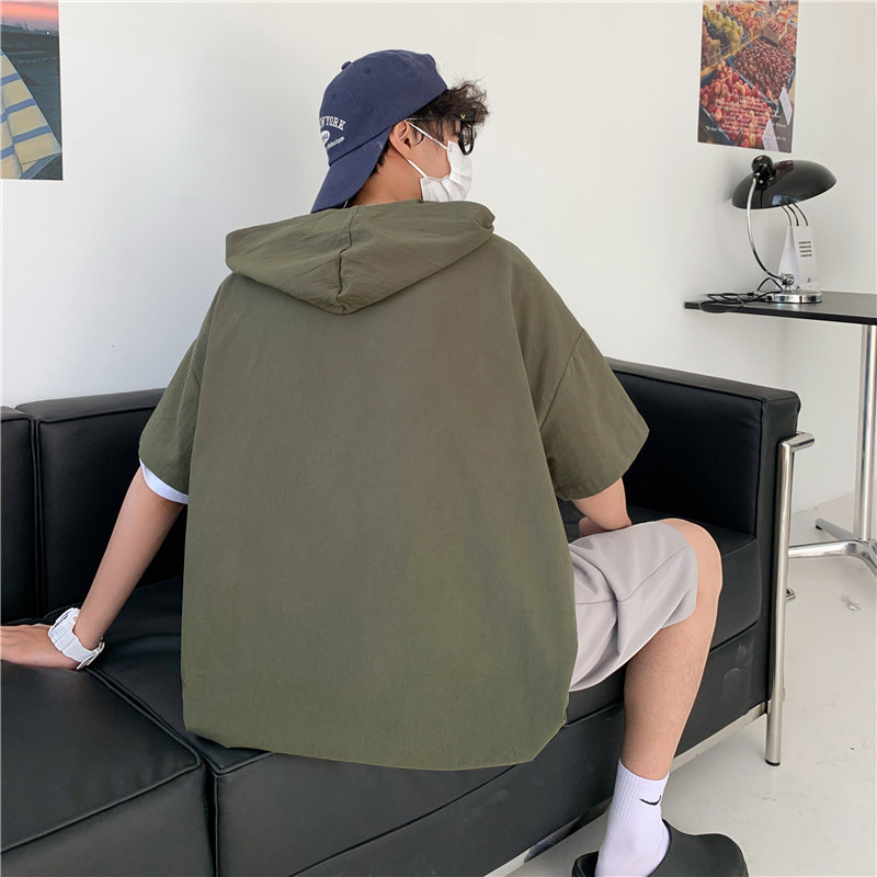 港风夏款男短袖T恤工装大口袋连帽拉链上衣外套T恤衫T755P35,男装T恤,星座1013-1