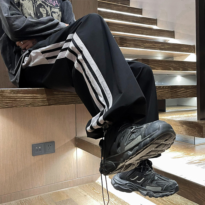 港风秋款男裤三条杠条纹拼色抽绳束脚冲锋长裤h777P40,男装休闲裤,星座1013-1