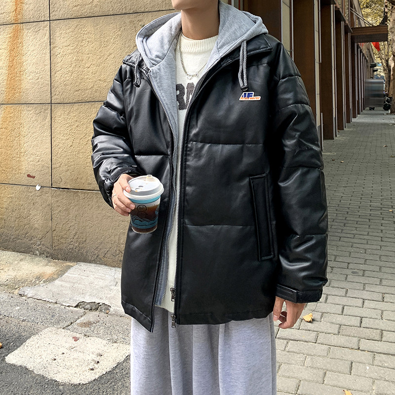 冬款男棉衣假两件PU皮连帽面包服加厚保暖棉袄休闲外套Y751,男装棉衣,星座1013-1