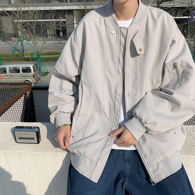 男夹克棒球立领飞行员拉链口袋字母印花按扣冲锋衣外套J,男装夹克,星座1013-1