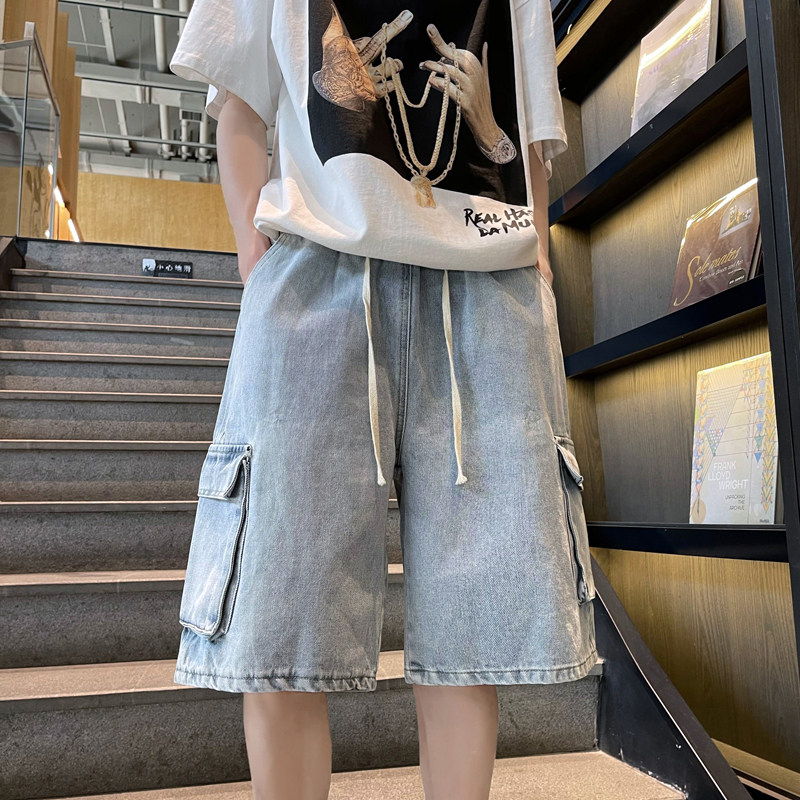 港风夏款男牛仔短裤工装大口袋纯色五分裤直筒马裤D87,男装牛仔裤,星座1013-1