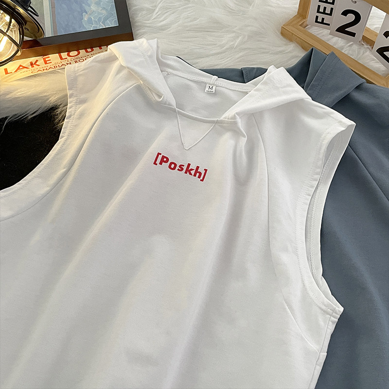港风夏款男纯棉背心连帽马甲字母印花无袖T恤宽松坎肩T050P25,男装背心/马甲,星座1013-1