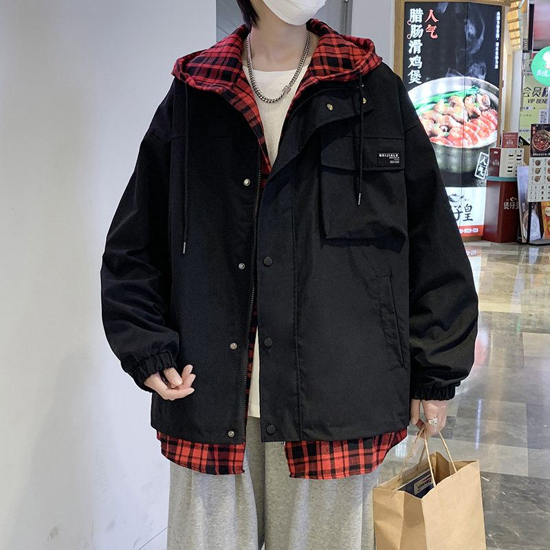 港风春款男工装夹克大口袋假两件格子拼接连帽外套J,男装夹克,星座1013-1