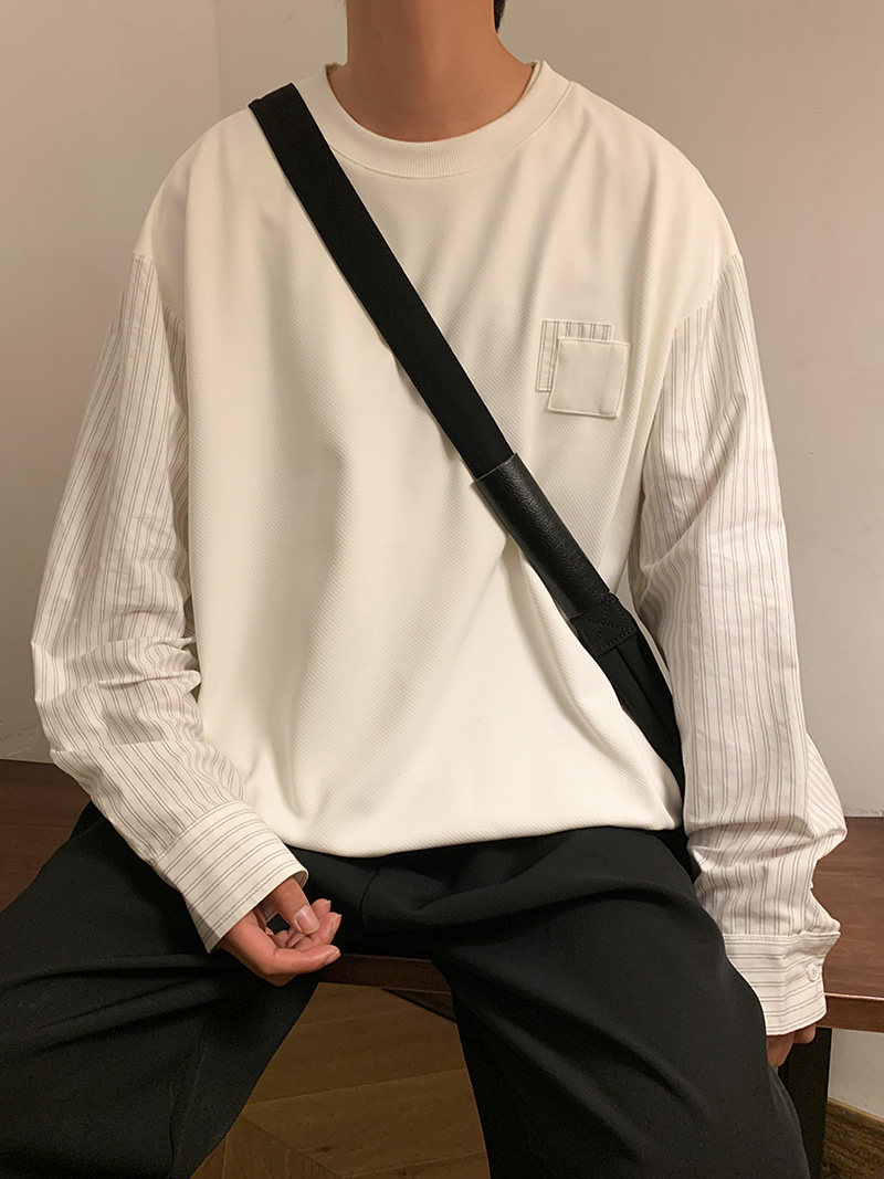高品质秋款男圆领卫衣假两件衬衫袖条纹拼接休闲外套wy122P40,男装夹克,星座1013-1