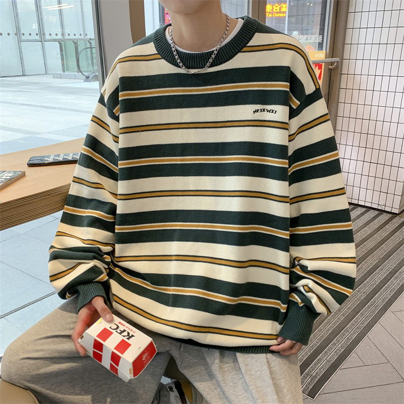 港风冬款男针织衫加厚圆领套头条纹字母印花外套M5557,男装针织衫/毛衣,星座1013-1