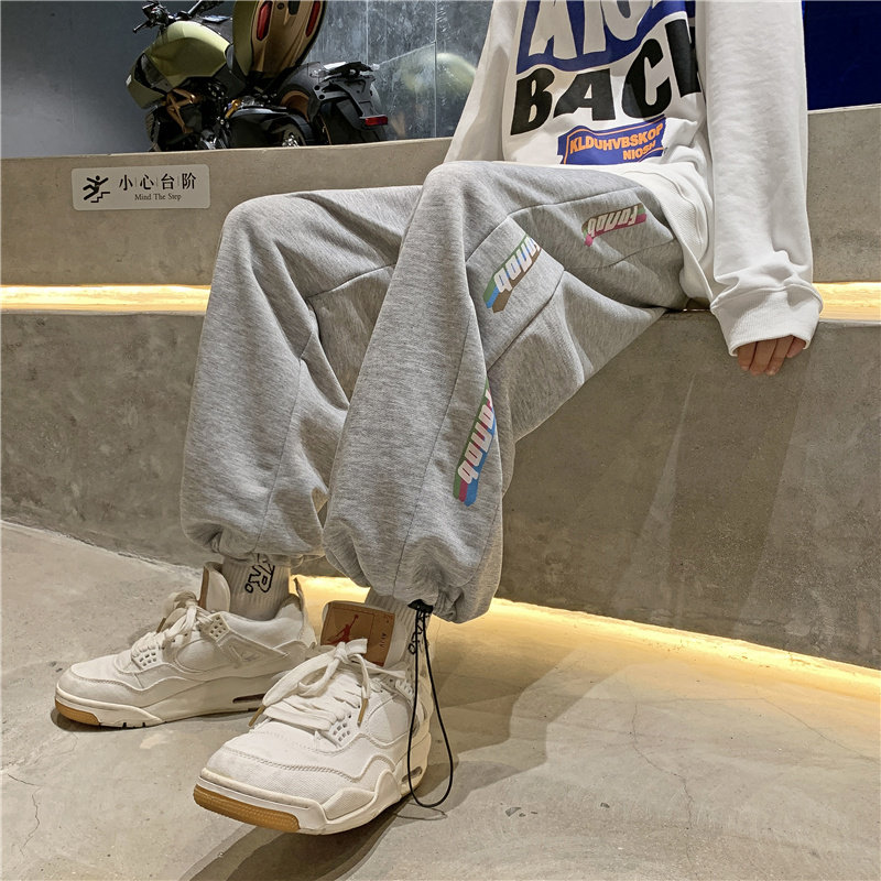 港风秋冬男抽绳卫裤字母印花情侣休闲九分裤加大码M-4xl h363图片