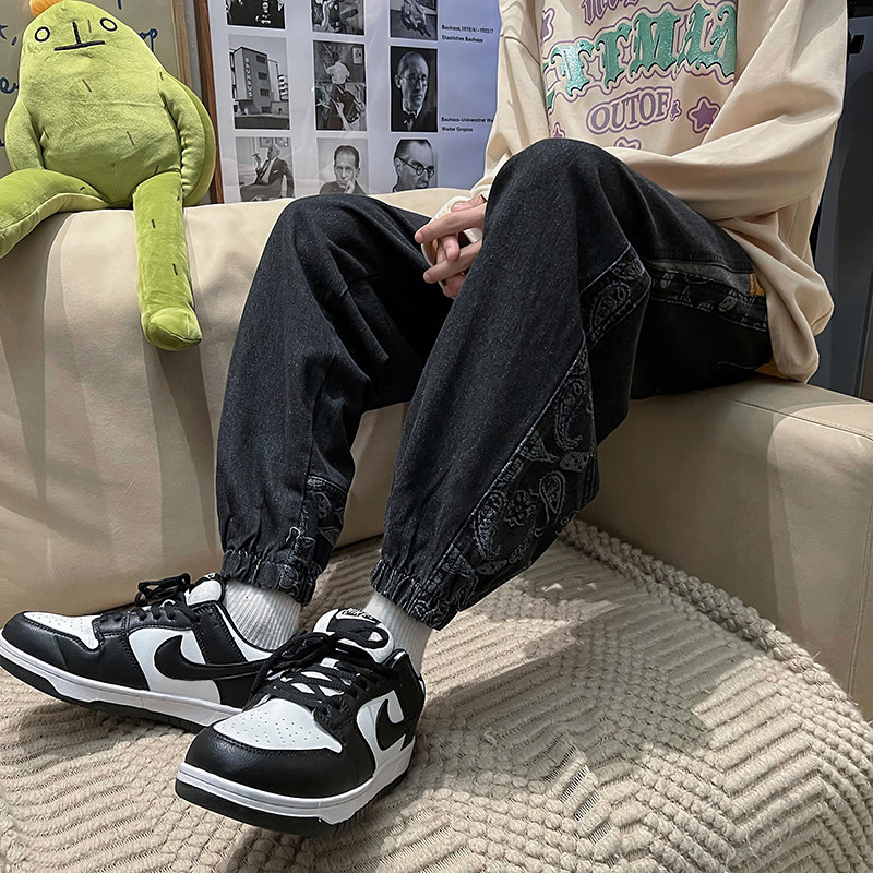 2022港风春款男牛仔裤束脚腰果印花拼接宽松九分裤n,男装牛仔裤,星座1013-1