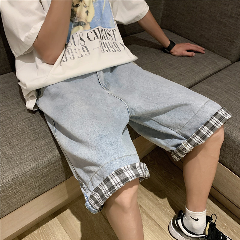 2021港风夏款男牛仔短裤格子拼接潮休闲五分裤马裤D527P40,男装牛仔裤,星座1013-1