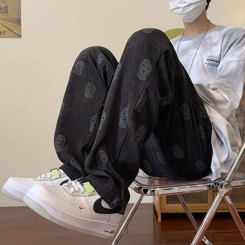 港风秋款男裤灯芯绒宽松人物涂鸦直筒休闲长裤h753,男装休闲裤,星座1013-1