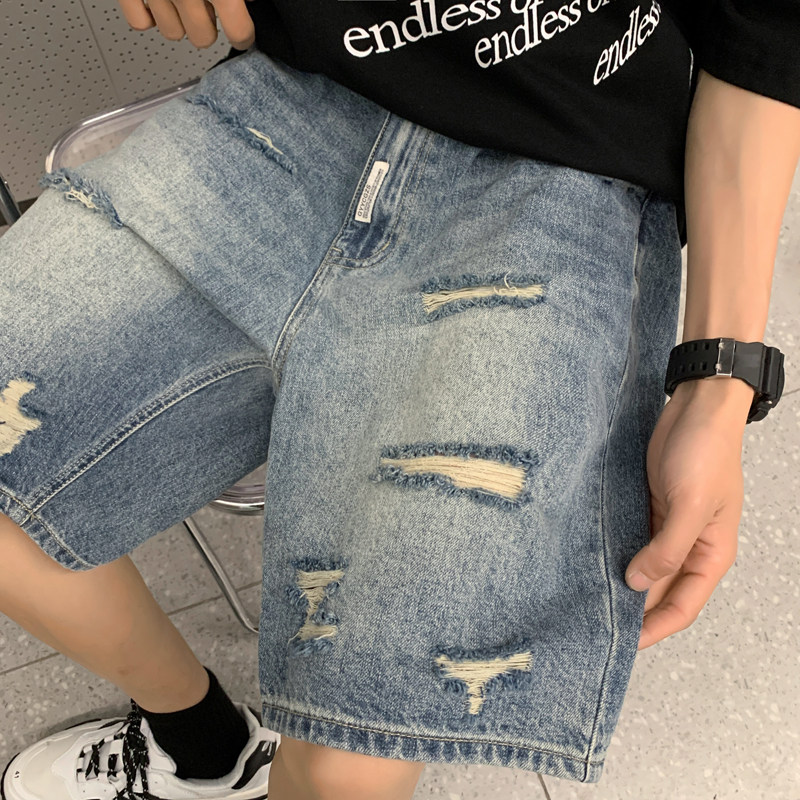 港风夏款男牛仔短裤破洞做旧复古渐变色休闲五分马裤裤D8030P45,男装牛仔裤,星座1013-1