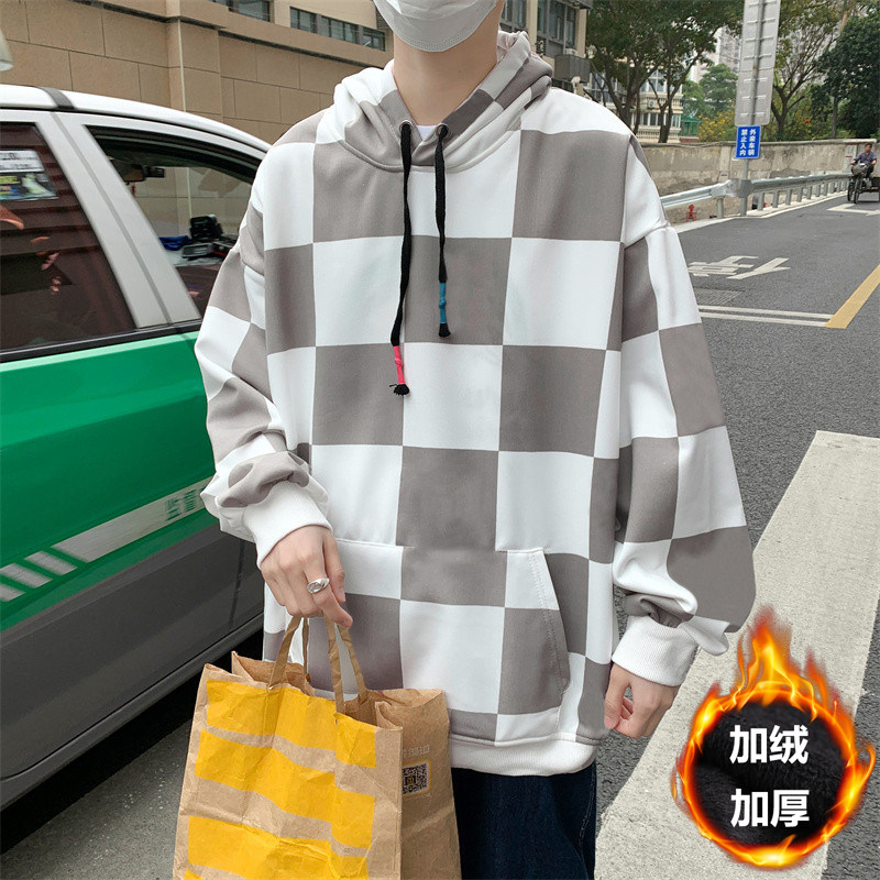 加绒加厚冬款男休闲套头卫衣连帽卫衣棋盘格拼接外套wy09,男装卫衣,星座1013-1