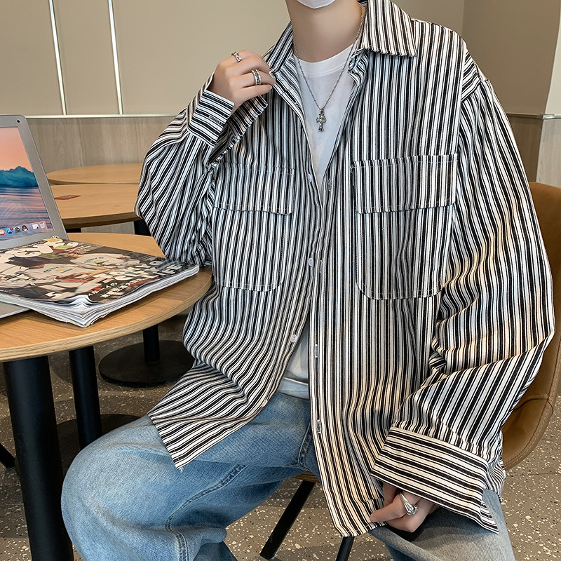 港风夏款男长袖衬衫免烫条纹休闲衬衣工装大口袋CS4032P40,男装衬衫,星座1013-1