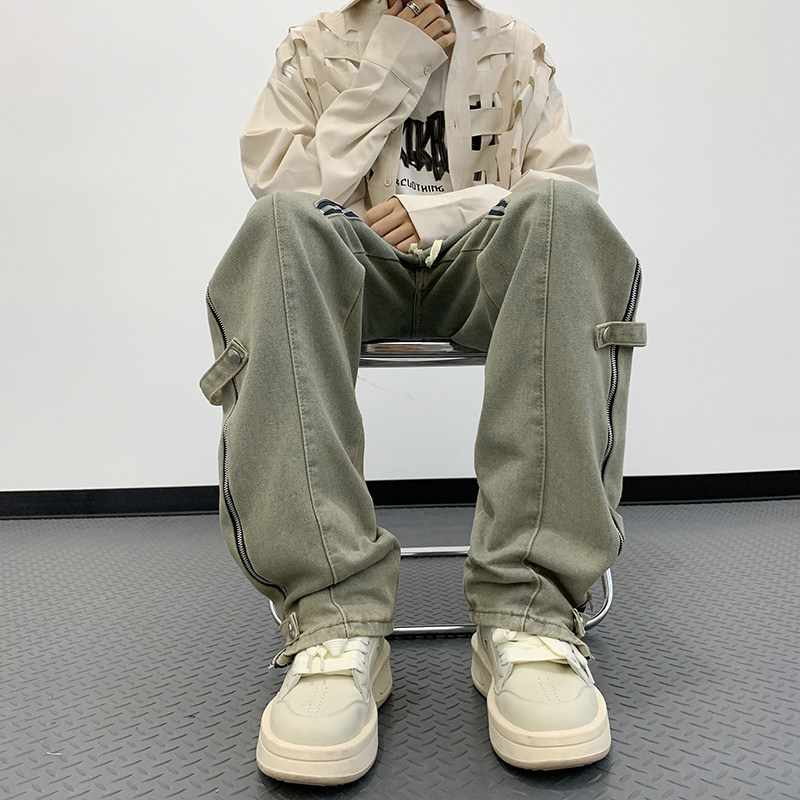 港风秋款男牛仔裤工装织带侧边开叉拉链直筒长裤nk1497P50,男装牛仔裤,星座1013-1
