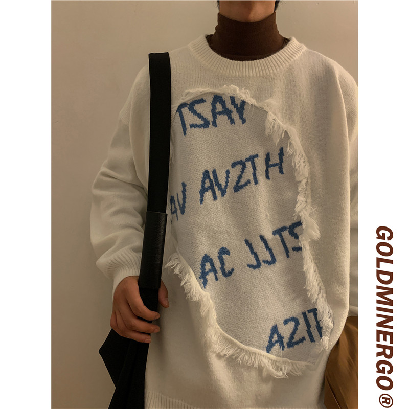 秋冬男针织衫圆领套头破洞补丁流苏字母印花休闲外套M9102P45,男装针织衫/毛衣,星座1013-1