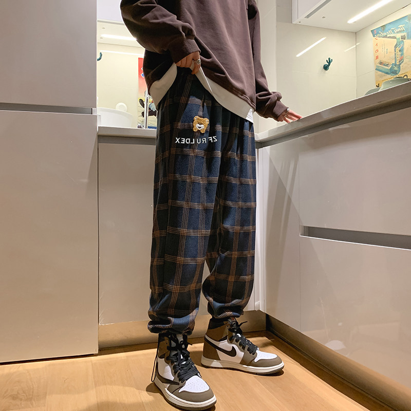 2023春款港风男休闲裤格子卡通字母印花束脚宽松九分裤h208P40,男装休闲裤,星座1013-1