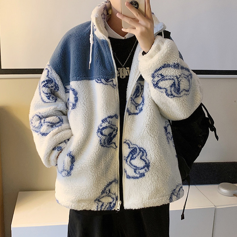 港风秋冬款男棉衣立领保暖羊羔拼接印花棉袄外套Y602图片
