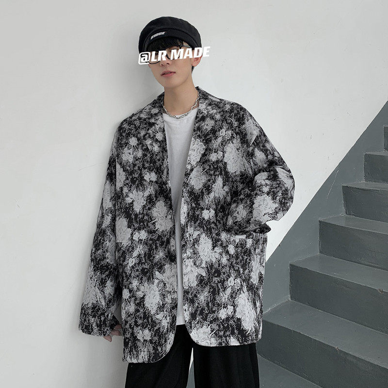2021港风秋男花西装外套扎染单西二粒扣宽松外套西服JK8039P60,男装西服,星座1013-1