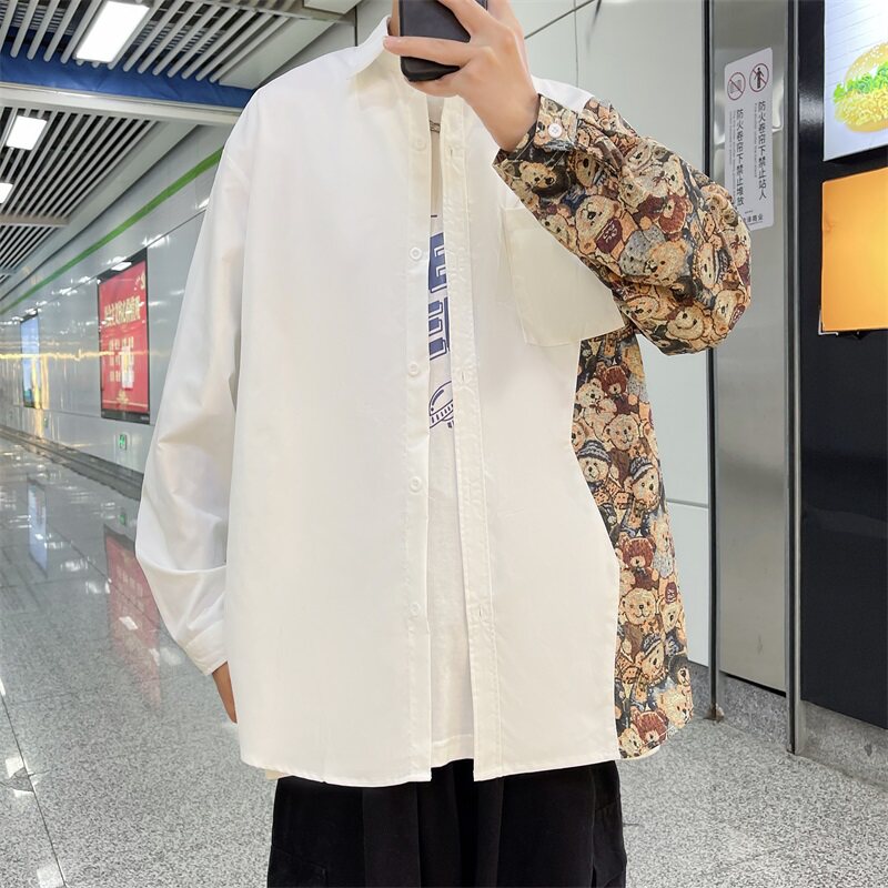 2022港风春款男休闲长袖衬衫小熊印花图案拼接衬衣CS008,男装衬衫,星座1013-1