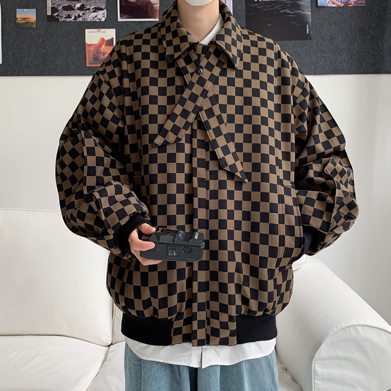 港风春工装夹克韩版棋盘格翻领拉链十字架装饰休闲外套J,男装夹克,星座1013-1