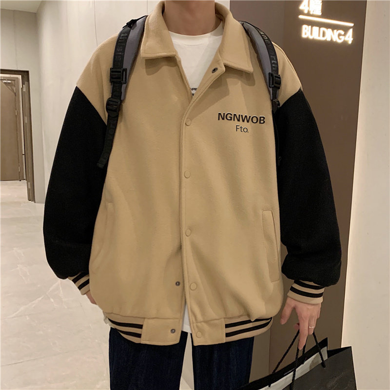 港风秋冬款男毛呢夹克字母印花拼接翻领外套DY6539,男装毛呢大衣,星座1013-1