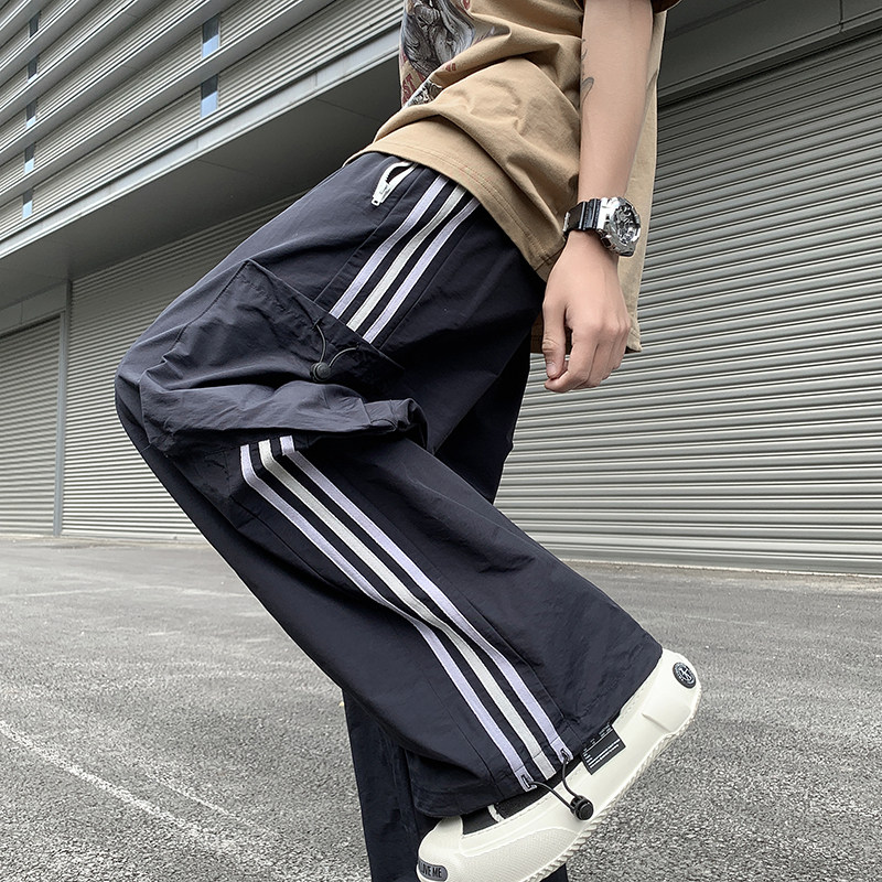 夏款男休闲裤工装大口袋三条杠条纹抽绳束脚直筒冲锋裤h1167P45,男装休闲裤,星座1013-1