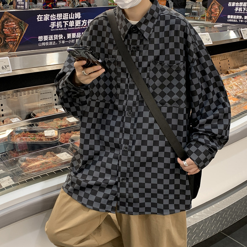2022港风春款男长袖衬衫棋盘格百搭休闲衬衣CS18,男装衬衫,星座1013-1