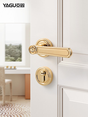 雅古法式门锁可达豪华现代金色实木分体式门把手磁性静音室内卧室